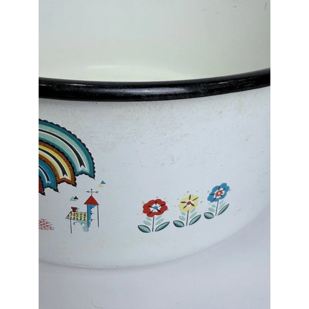 Vintage‎ Berggren Enamelware Stock Pot Scandinavian Folk Art Rooster White 8in